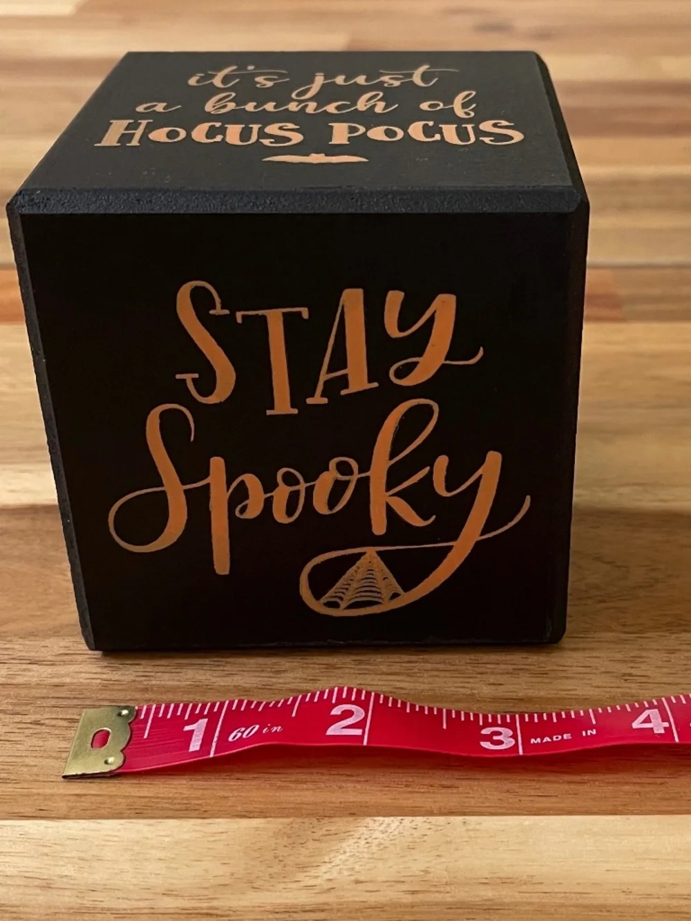Halloween phrases wood cube - black with orange and white font